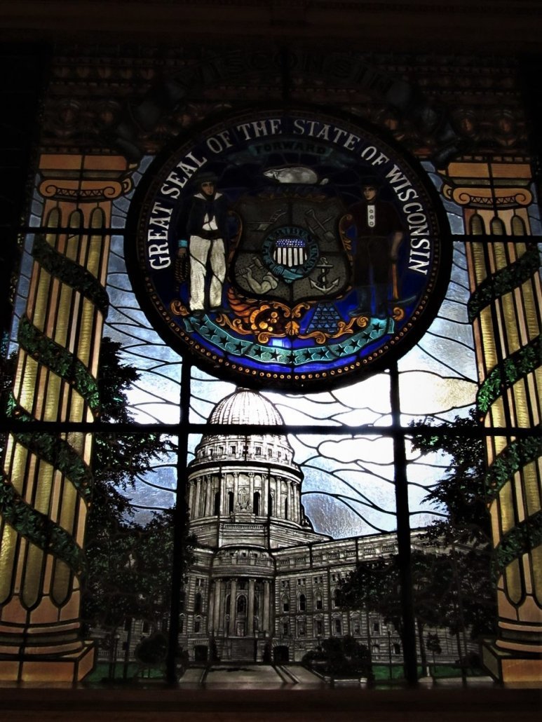 Stained glass window with City Seal Interior City Hall, Milwaukee, WI