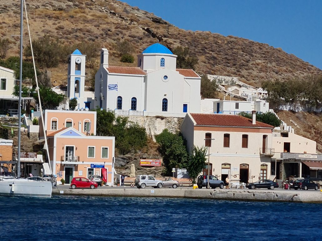 View from the water of the church at Korissia is located in the bay of St Nikolaos