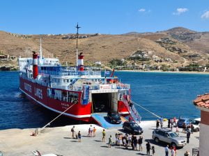 Cars disembarking from a ferry in Kea