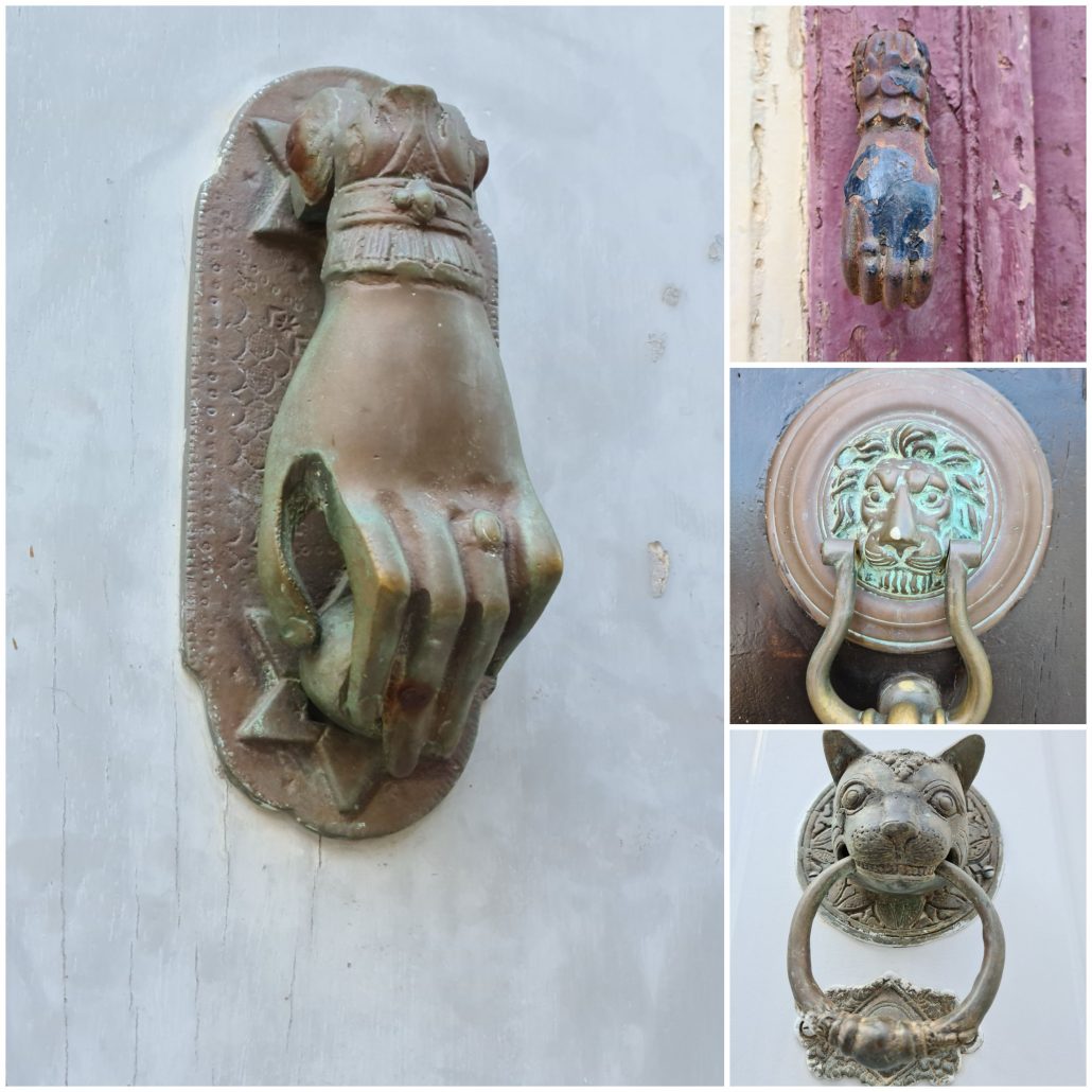Collage of doorknockers in Hydra including one on Leonard COhen's door showing a left female and and two stars of david