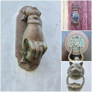 Collage of doorknockers in Hydra including one on Leonard COhen's door showing a left female and and two stars of david