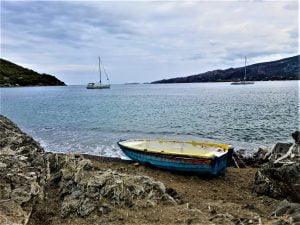 Old row boat on the beach at Askeli, Poros, Greece