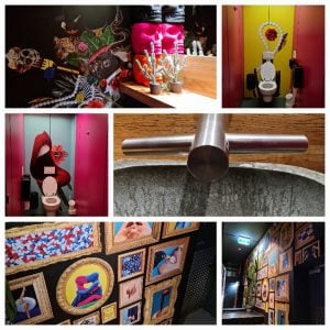 collage of photos from left to right, top to bottom: Bright mural wall and mirror; toilet with pink side walls and yellow back wall with a red flower; toiled with pink side walls, grey back wall, with huge open red lips and white teeth; dyson combo tap and handryer - chrome fitting with tap in the middle and air dryer spokes either side; wall of framed multi-colour prints