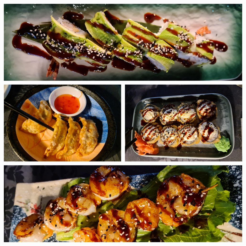 Collage of asian dishes - top - a dragon roll with shrimp, cream cheese, avocado, and sesame; middle left, a plate of gyozo deepfried dumplings with a bowl of sweet chili sauce; middle right, a plate hosso frito with salmon, cream cheese, teriyaki, and sesame (deep fried sushi roll); bottom, two prawn skewers
