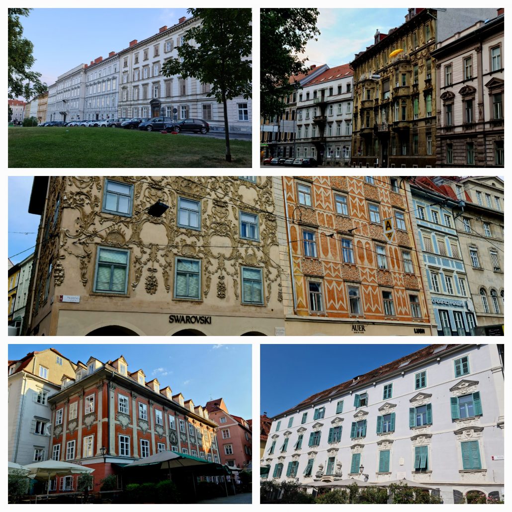  A collage of building facades in Graz. Top Left - a terrace of four-story 19th century houses. TR - an old terraced building with a modern yellow sun umbrella on a balcony on the top floor. Middle - the Swarkovski building with its ornate embellishments