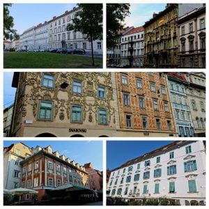 A collage of building facades in Graz. Top Left - a terrace of four-story 19th century houses. TR - an old terraced building with a modern yellow sun umbrella on a balcony on the top floor. Middle - the Swarkovski building with its ornate embellishments