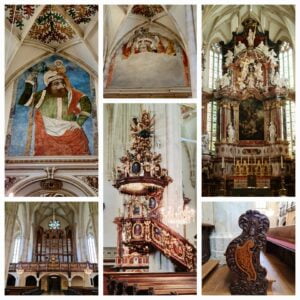 collage of six photos of the interior of Graz cathedral - full fresco showing a bearded man; half fresco showing the head of a man wearing a crown; altarpiece; carved end of a church pew, pulpit with staircase, organ gallery