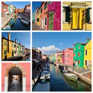 Collage of brightly coloured terraced two-storey houses painted orange, pink, gree, yellow, blue - houses run down either side of a small canal with brightly colour boats moored