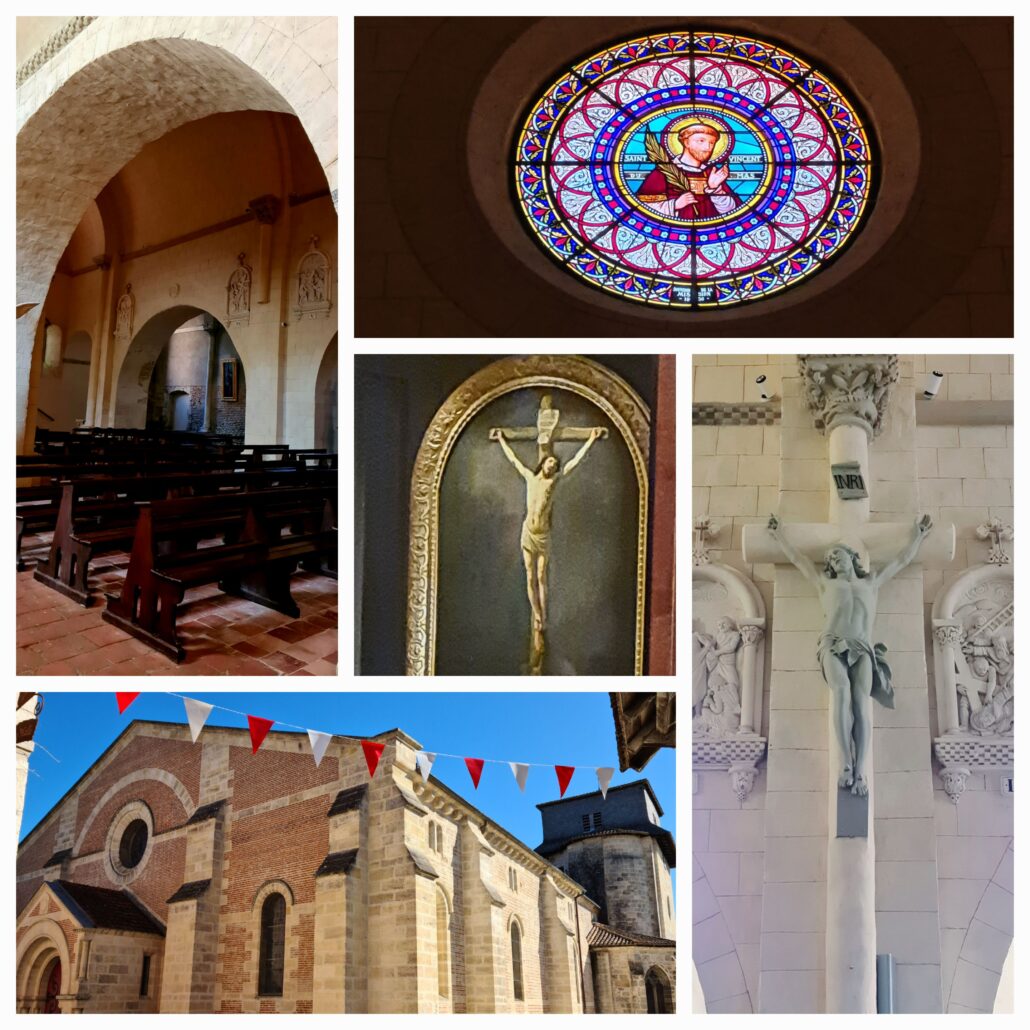 Collage of give photos 1. Nave of a church - stone arch with wooden pews. 2. stained glass rose window. 3 Stone carvings of two stations of the cross and a crucifix. 4. Exterior of a romanesque style church with red and white bunting strung across it. 5. A photo of Rembrandts Christ on a Cross