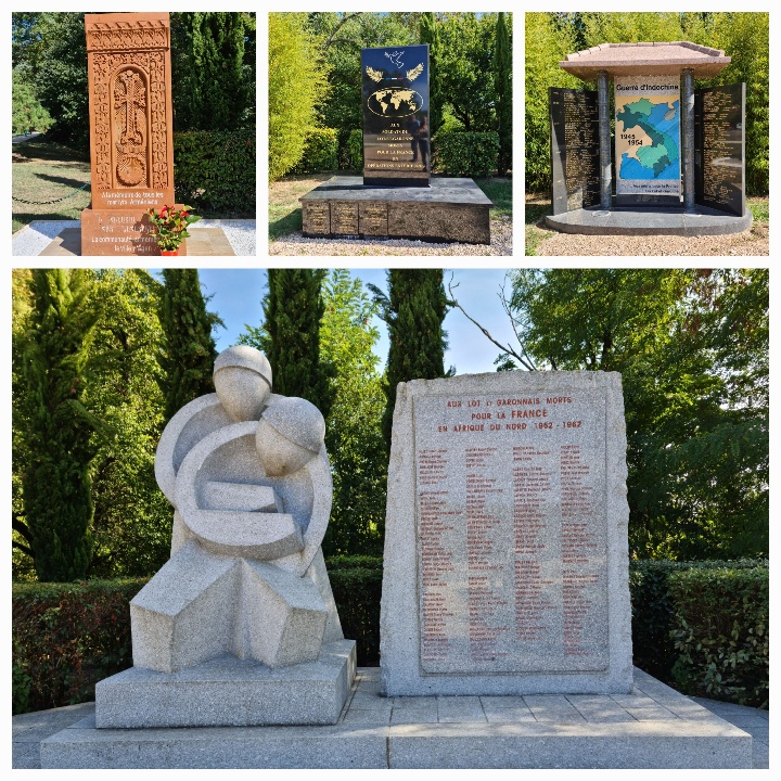Collage o 4 war memorials 1. Carved wooden pillar 2. Gold on black marble 3. WWII. 4. Red writing on grey stone. Sculpture of a man holding a woman. This memorial commemorates the French servicemen (AFN, Afrique Française du Nord) from Lot-et-Garonne who gave their lives in the war in Algeria and the battles in Morocco and Tunisia, from 1952 to 1962.