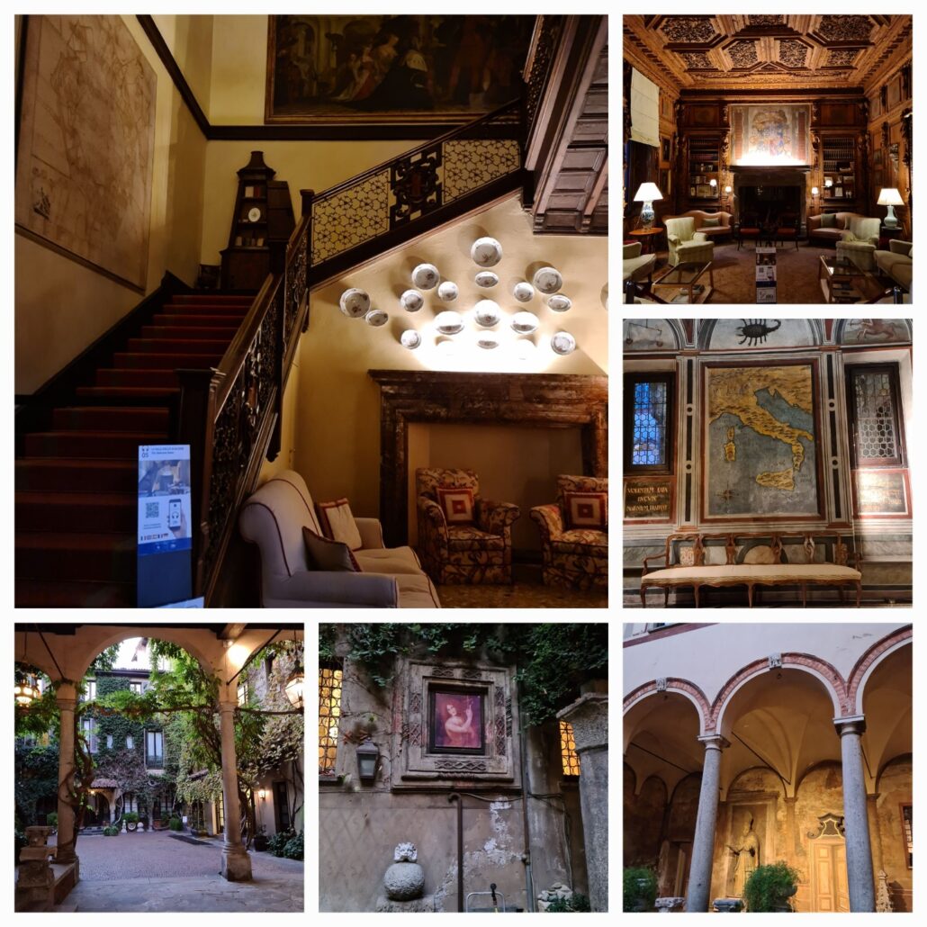 Collage of photos 1. wooden staircase winding to the right with a room with a sofa and armchair to the right with decorative places on the wall. 2. A drawing room with table lamps lit on either sides and a floor-to-ceiling bookcase on the back wall under a frescoed ceiling. 3 A map of Italy on a marble wall over a six-seater sofa. 4. Arched columns with a statue of a saint lit up; 5. A painting of a woman set into an outside wall in a courtyard. Arched columns in an interior courtyard