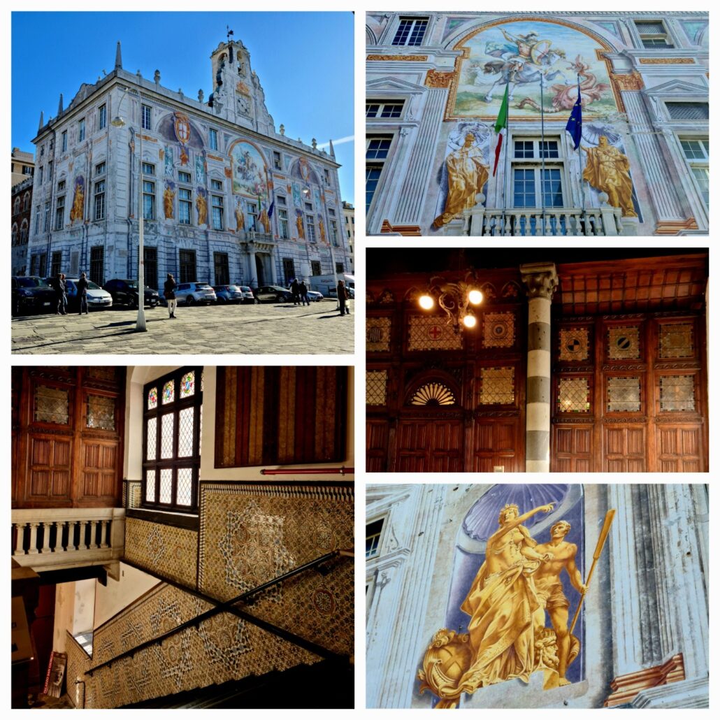 Five photos of the palace of St George in Genoa dating to 1260. 1. The exterior with Stone lions – the emblem of Venice's patron St Mark displayed as trophies on the facade by her bitter rival, the Republic of Genoa. Fabulous frescoes adorn the facade. 2. A close up of the balcony with murals and two gold statues - two flags fly - one of Italy, the other of the EU. 3. Interior wooden panelwork intricately carved. 4. Close up of the gold figures in the mural on the side. 5. Tile wall of the staircase with panelled walls and a three-pane stained glass window. 