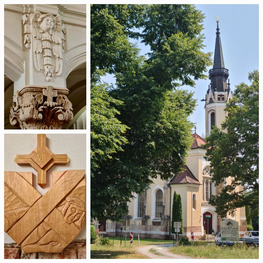 St Emmerich/Imre church in Rönök - a collage of three photos. One shows the church partially hidden behind some trees, its spire soaring towards a clear blue sky. A second shows a detailed stone carving of an angel's head and wings on a church pillar. A third shows the seventh station of the cross - carved in wood, showing Jesus carrying the cross and above, a separate cross depicting the Roman numerals VII