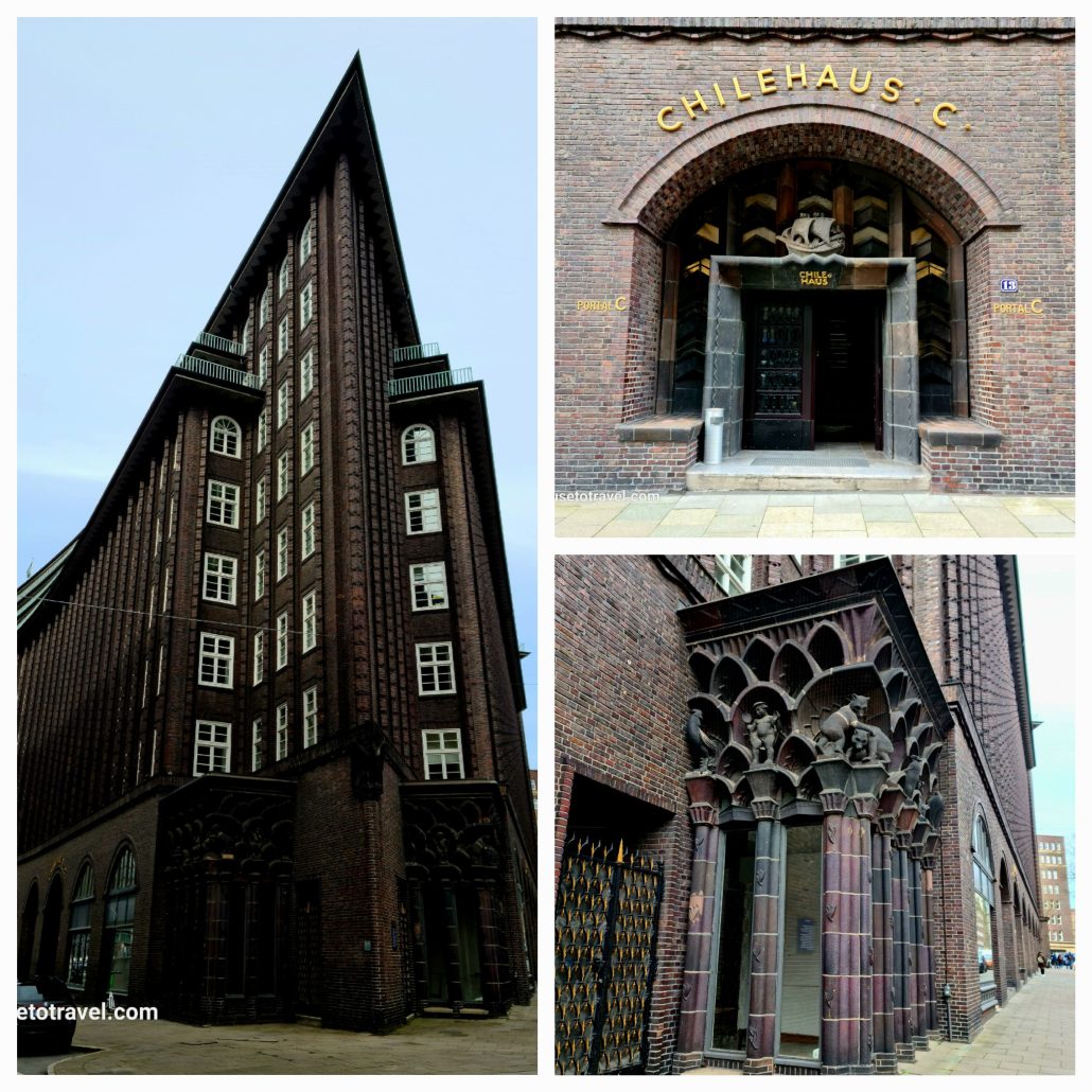 A collage of three pictures. 1. An angular six-story dark brick building with white windows built in the shape of a ship's prow. 2 The world CHILEHAUS .C. written in gold over a brick arched entryway. 3. six marble pillars form the entryway to a large brick building - statures of animals and angels are set into a honeycomb recesses above. Hamburg scenes. 