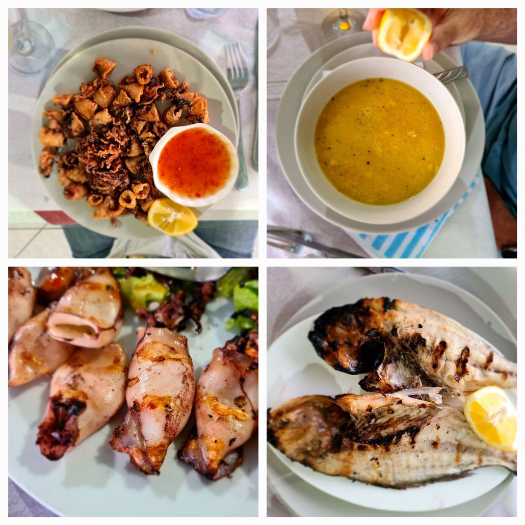 A collage of 4 photos 1. a plate of fried calamari with a bowl of read sauce and half a lemon on the side 2. a bowl of yellow soup with a hand holding a lemon hovering over it 3. a plate of grilled squid trimmed with green and purple salad leaves 4. two whole sea bream with a wedge of lemon