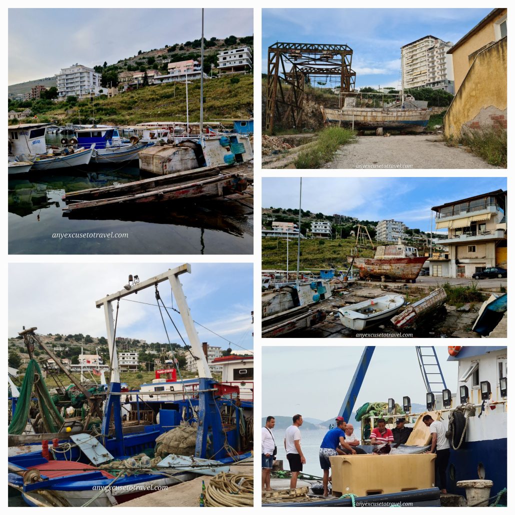A collage of five photos showing old fishing boats in the harbour and aground - photo on bottom right shows a group of men unpacking a large tuna from an ice chest
