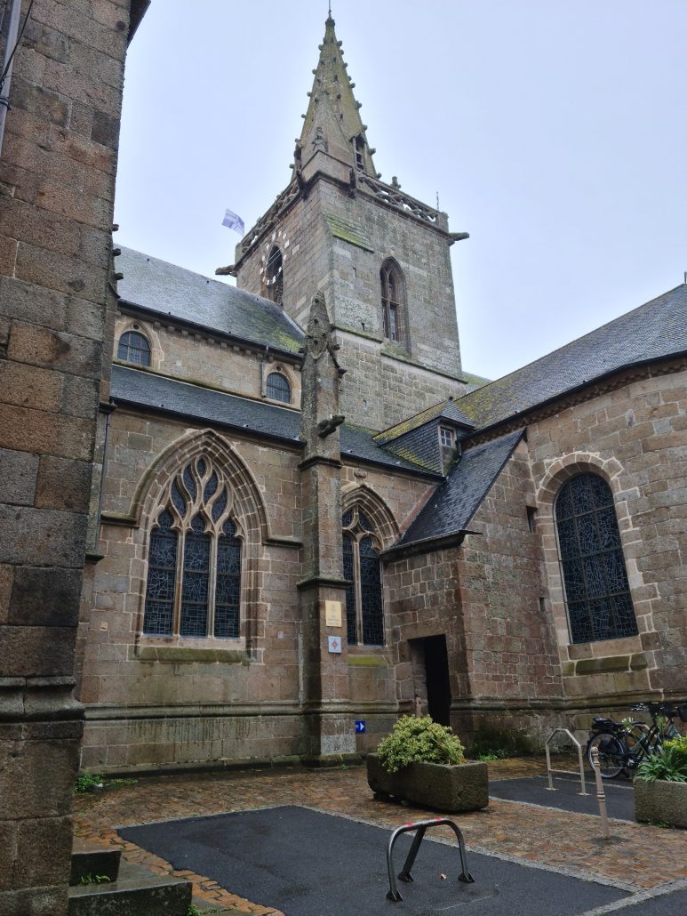 Angled view of a Gothic stone church