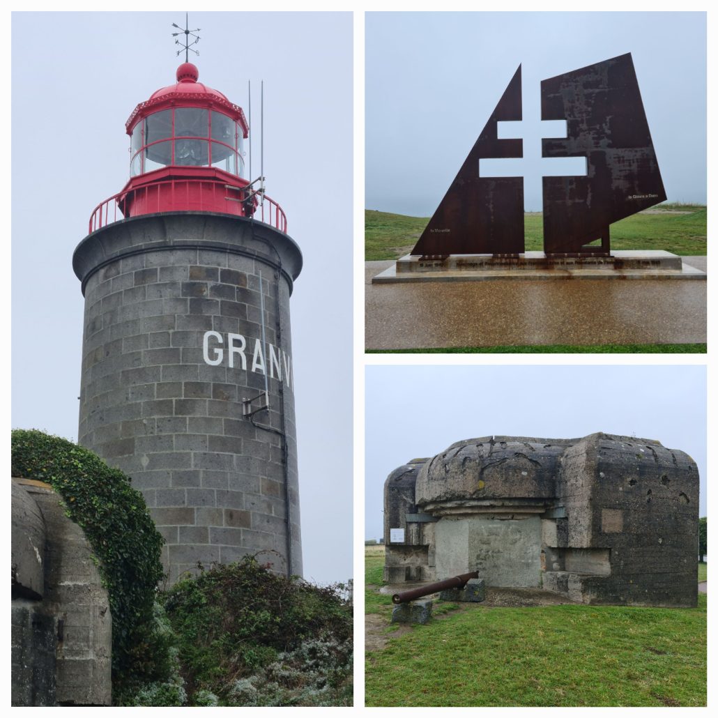 Three pictures (1) lighthouse with a read turrent and the letters GRANV visble in white on the base 2) bronze cutout of a cross on a stone plinth against a grassy background 3) concete bunker with rounded roof with green grass in the foreground