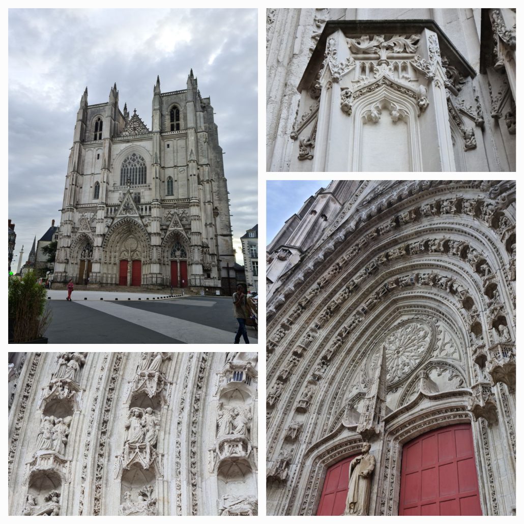Four photos of the detail of the intricate carvings on the front of a large cathedral with red doors. 