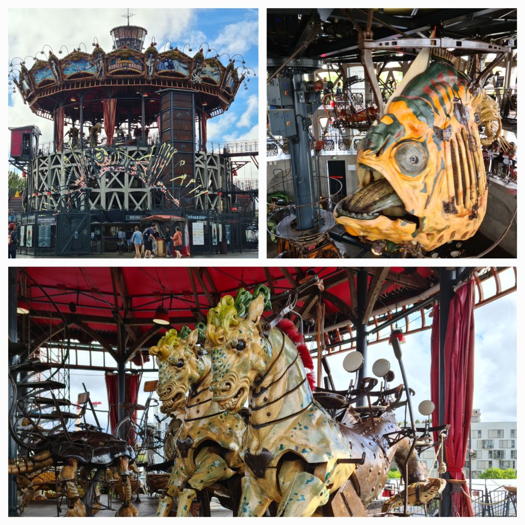 Collage of three photos showing (1) a carousel (2) a large metal fish with its moutn open (3) A pair of colourful seahorses. The latter two are rides on the carousel. 