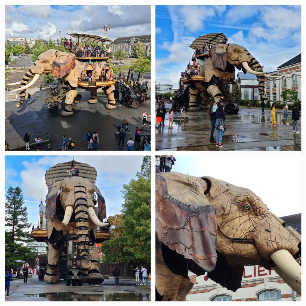 Collage of four photos of a large mechanical elephant carrying people on its back. 