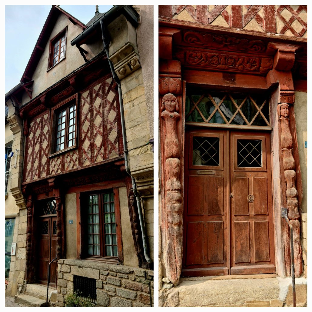 Two photos - L - a three story medieval half-timbered house with faded red timbers on a beige background. Timber beams, weathered by centuries, crisscross the exterior, forming a captivating pattern of diamonds. R - Line hunting scene in bas-relief, chimeras and fantastic animals decorate the floor plates and spacers.