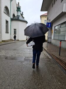 Woman with an umbrella walking down a street carring a box under her arm