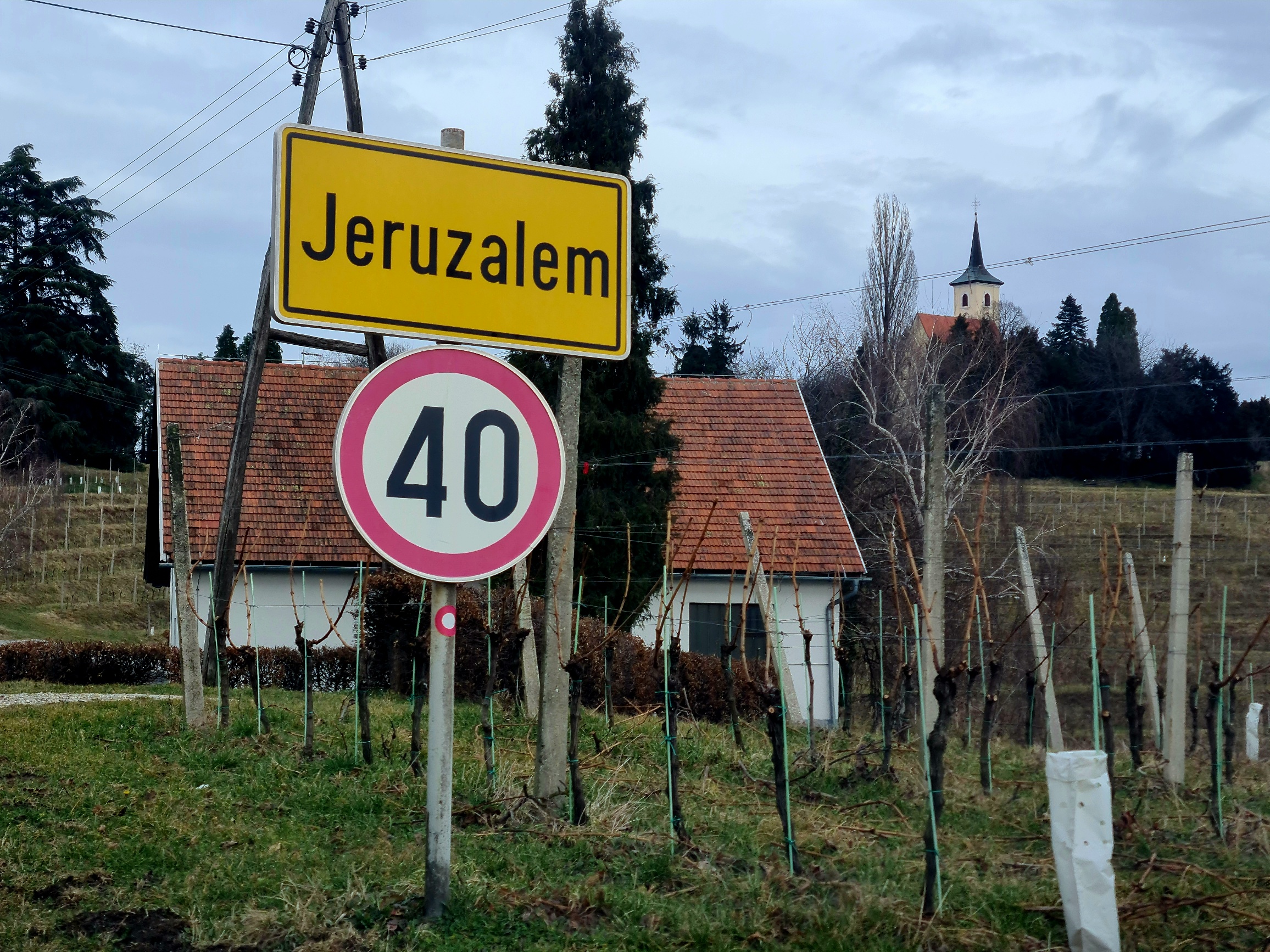 Yellow signpost with black letters spelling JERUZALEM above a circular sign with 40 written on white with a red circle. Standing at the edge of a village.