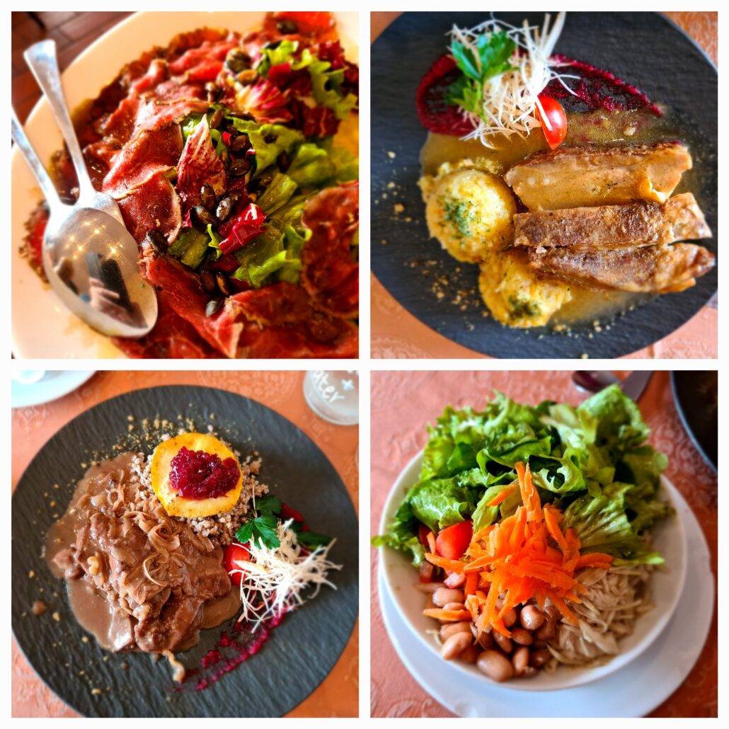 Collage of four photos 1. beef carpaccio, 2. roast pork 3. pasta dish 4. colourful salad