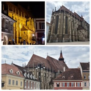 Collage of three photos - one showing a Gothic church lit up at night. The second showing the black Gothic church from the rear. And the third showing towering about some Baroque buildings