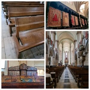 Collage of 4 photos of church interior. 1. pews with movable backs 2. pews painted in bright colours 3 row of kilims hanging from wooden pew back 4 aisle leading to altar flanked by pews