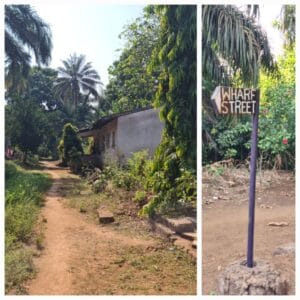 Collge of two photos . 1 . dirt track passing by a brick house 2 - a handpainted street sign that says Wharf STreet
