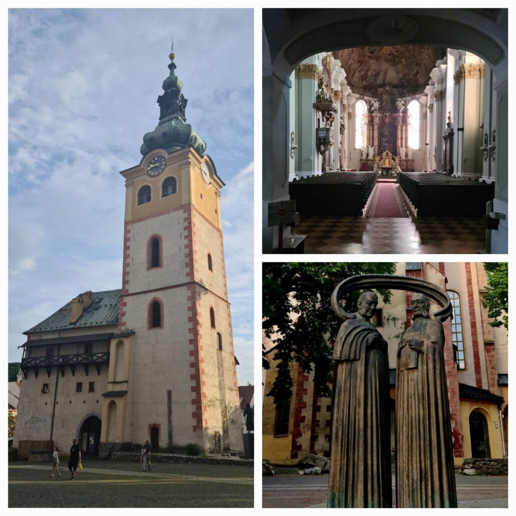 COllage of three photos 1 exterior of a 15th century church with clock and copper dome. 2. Interior with arched wall in the front and rows of pews leading to the altar 3. statues of two men joined by an arc.