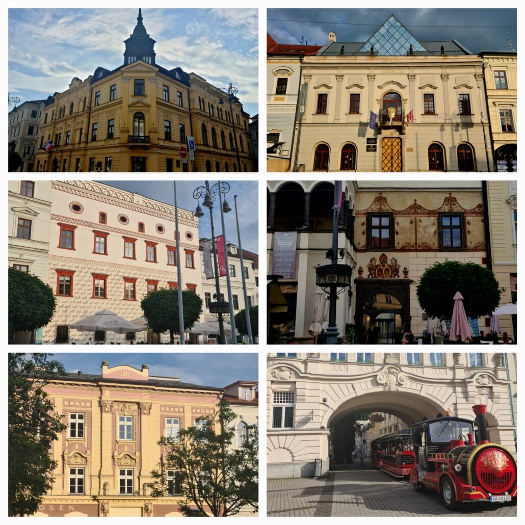 Collage of six photos of Baroque, Gothic, and Renaissance buildings. The middle row shows the two I mention - Thurkov dom with its red windows and Benického dom with its ornate facade. The bottom right shows the tourist train driving under an archway