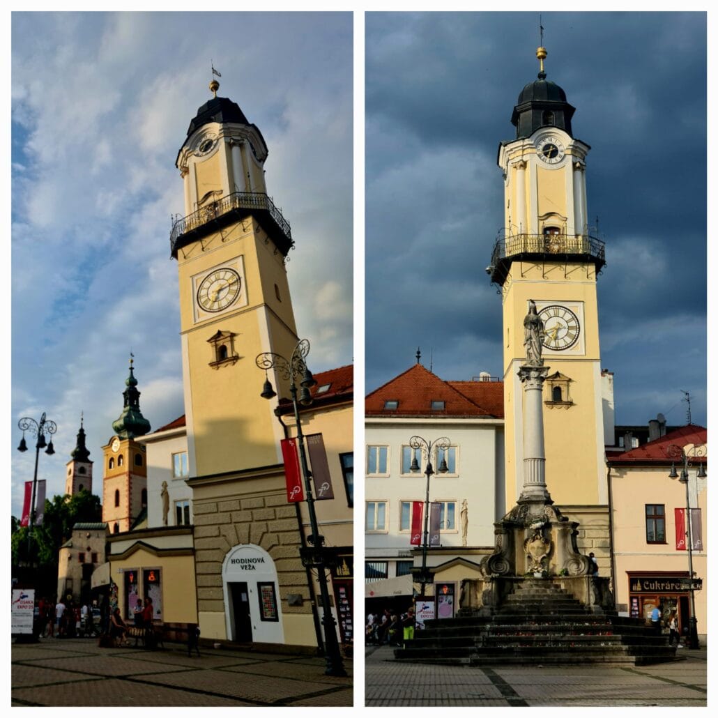 Two photos of the clock tower, once with a plague column to the Virgin Maru n front. The other with two church towers to the left