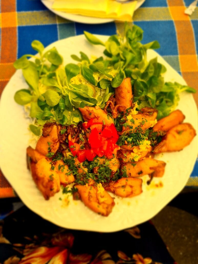 A plate of grilled calamari with salad greens