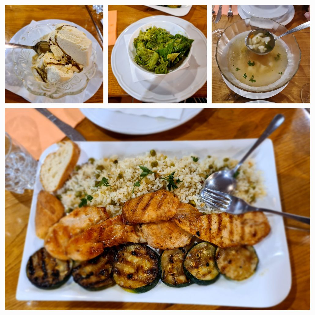 Collage of 4 food photos. 1. icecream with a dark brown drizzled sauce 2. blow of greens with the same dark brown drizzle 3. Spoon full of chicken broth hovering over a bowl of same 4. Large white rectangular plate with serving spoon and fork - rice, medallions of white meat, grilled slices of zucchini