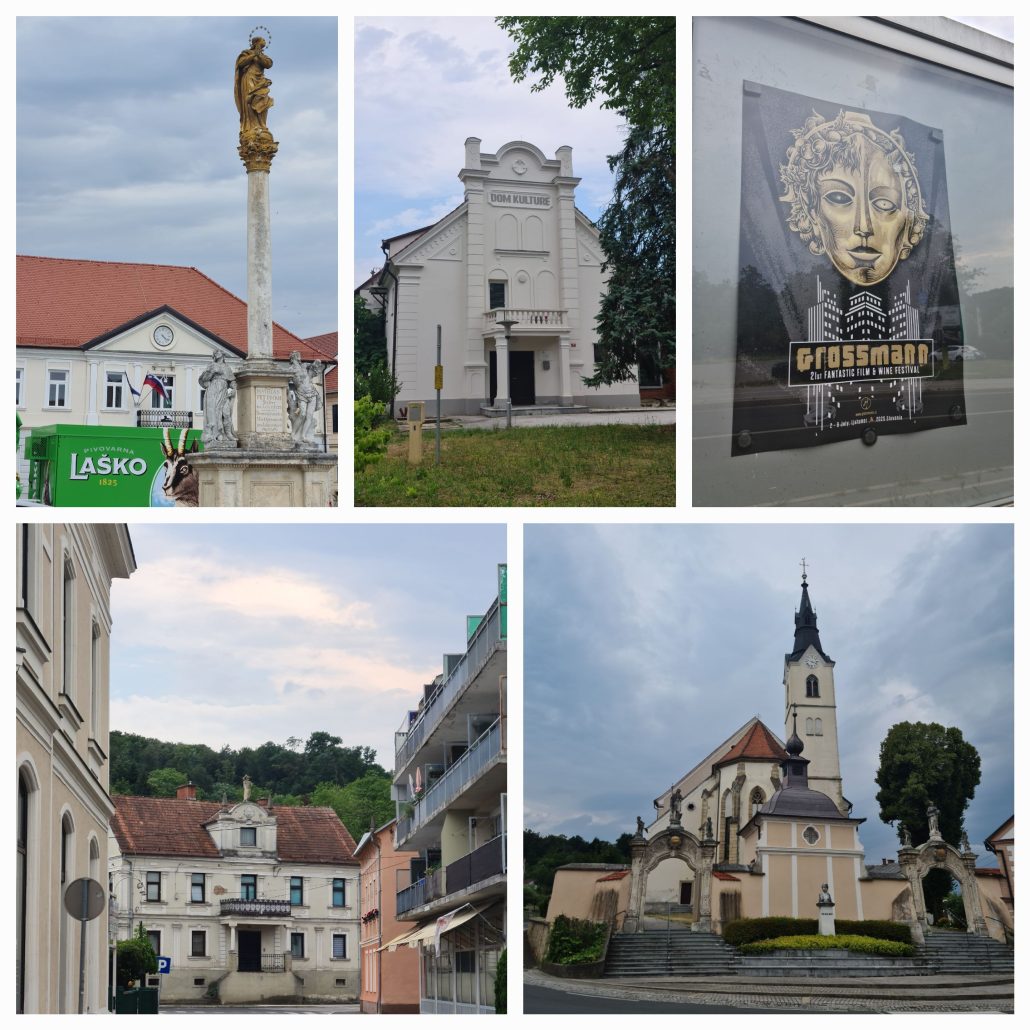 Collage of 5 photos - 1. Plague statue - gold rendering of Our Lady. Beside it a Lasko stand selling beer and behind it a red roofed white building with a clock in the nave. 2. Baroque style building with pillars and a balcony and a inscription saying DOM Kultura. 3. Poster - cyborg type head in gold on black - poster advertising Grossmann fantastic film and wine festival 4. City street - mix of architcture styles from baroque to modern 4. Church with two arches on top of steps leading into the grounds and the church ssitting back from the wall