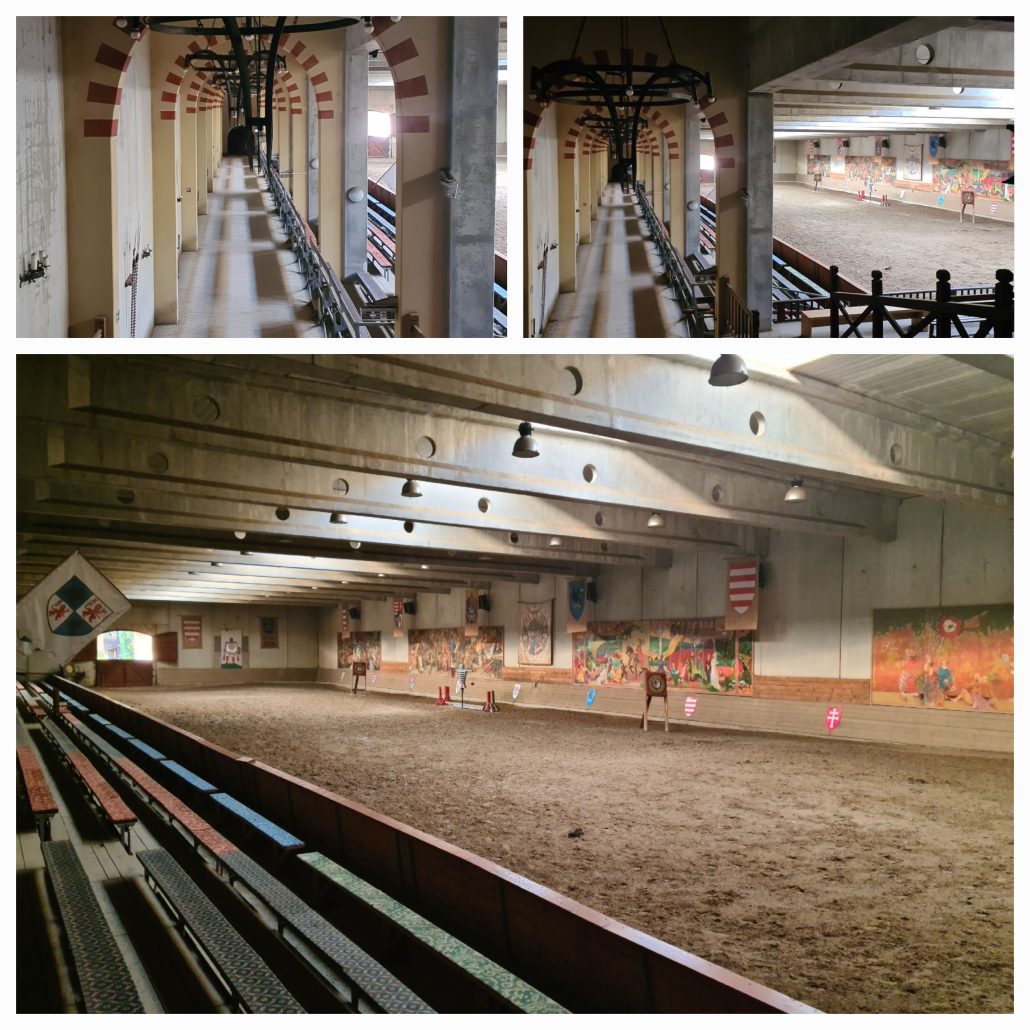 Collage of three photos showing an indoor riding arena - one is of along arched corridor with iron chandeliers, the second include the corridor and a sliver of the arena, the third is of the arena