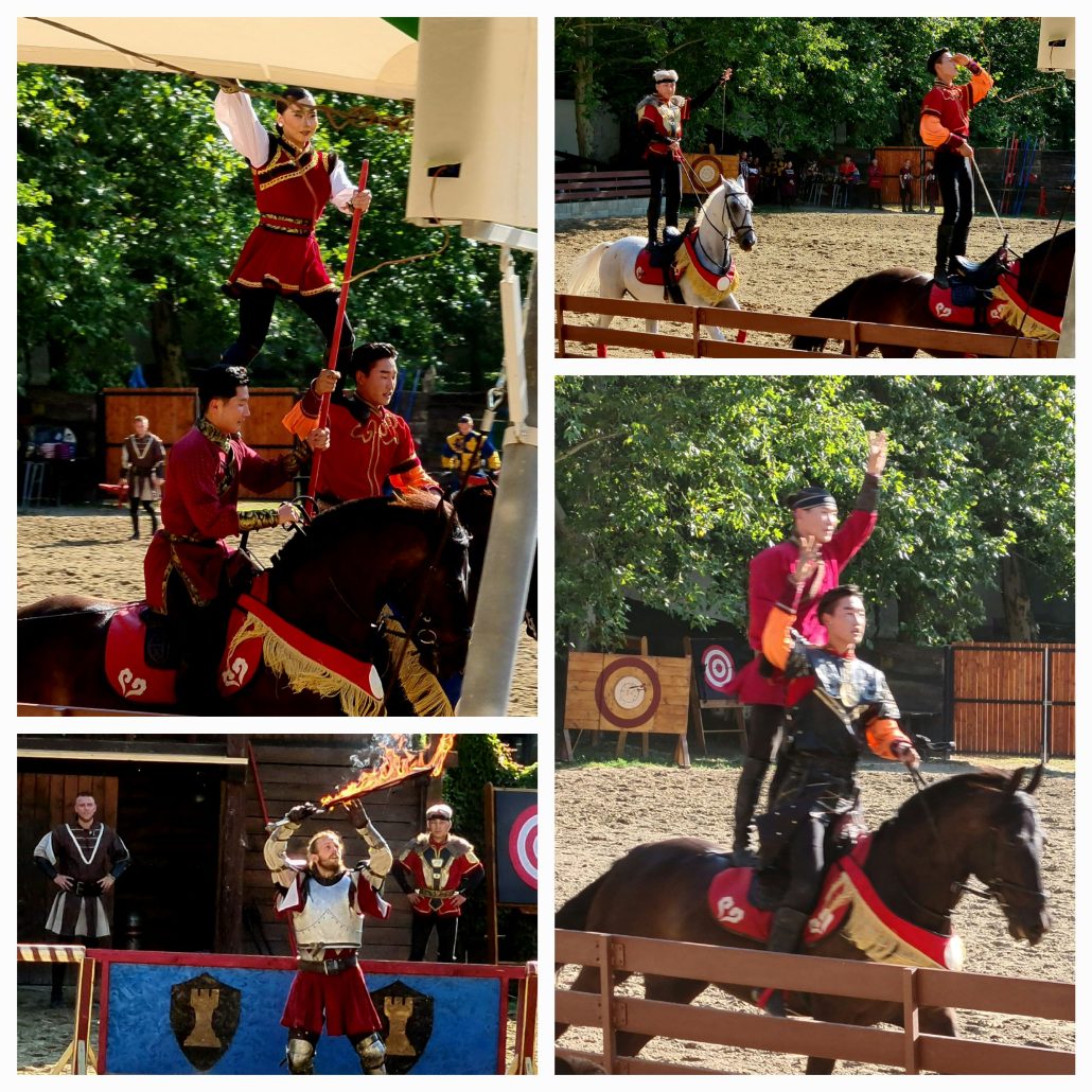 Collage of four photos of horseback riders - 1. two men on two horses riding side by side while a woman stands, one foot on each of their shoulders, carrying a flag. 2. Two horses - two riders - both in costume both standing on saddles. 3. Two Mongolian horseriders on the one horse - one on the saddle, the second standing behind him. 4. A long-hair man in medieval costume holding a burning sword in the air