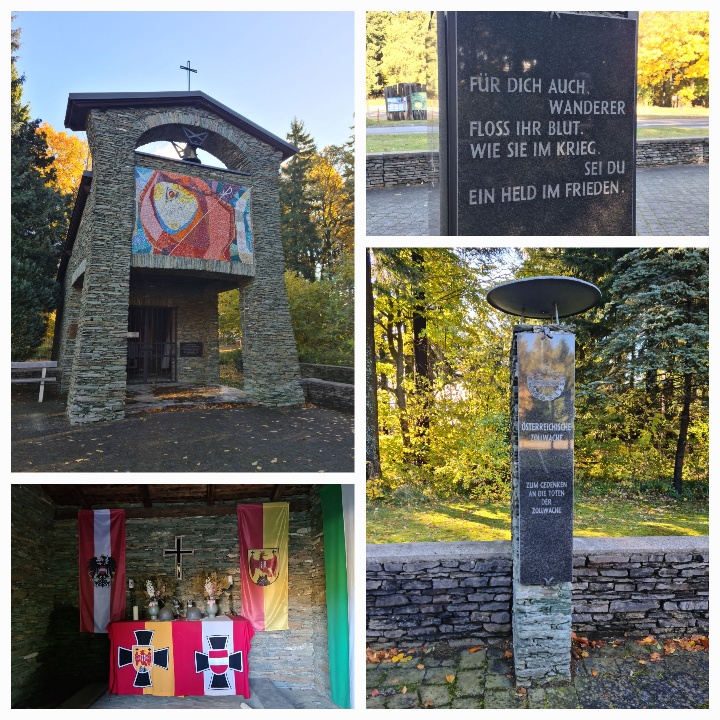 Collage of photos showing 1. a stone chapel with a mosaic image over the door; a marble sign in German reading: Für dich auch wanderer floss ihr blut. Wie sie im krieg seir du ein held im frieden; another memorial that reads: Zum gedenken an die toten der zollwache; and the chapel interior altar
