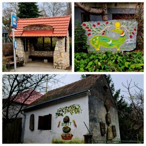 Collage of three photos - 1.Red roofed stone bus shelter with Vállus carved in wood. 2. Painted stone - greek gecko and red flowers 3. mural on the side of an old white house