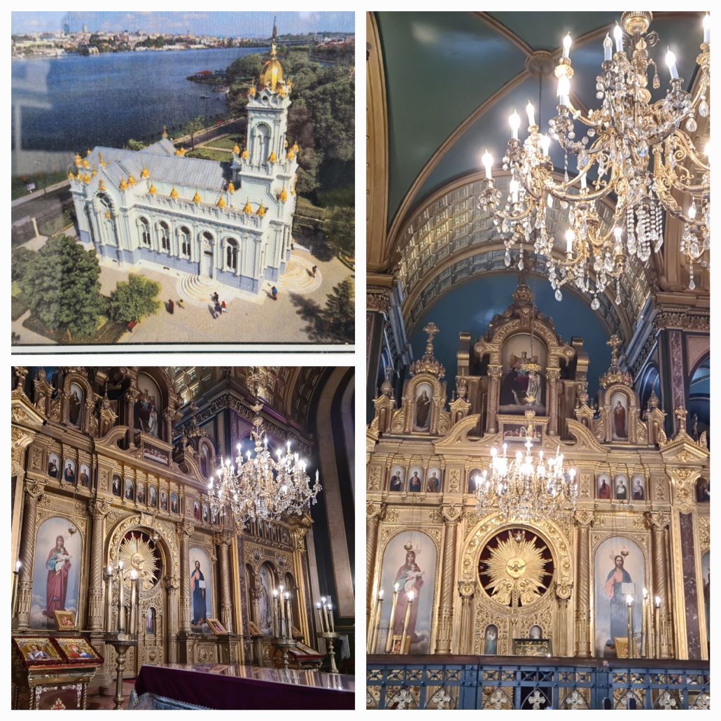 Church with belltower and gold-coloured domes standing beside a body of water. Air view. Interior of an orthordox church with icons and chandelier