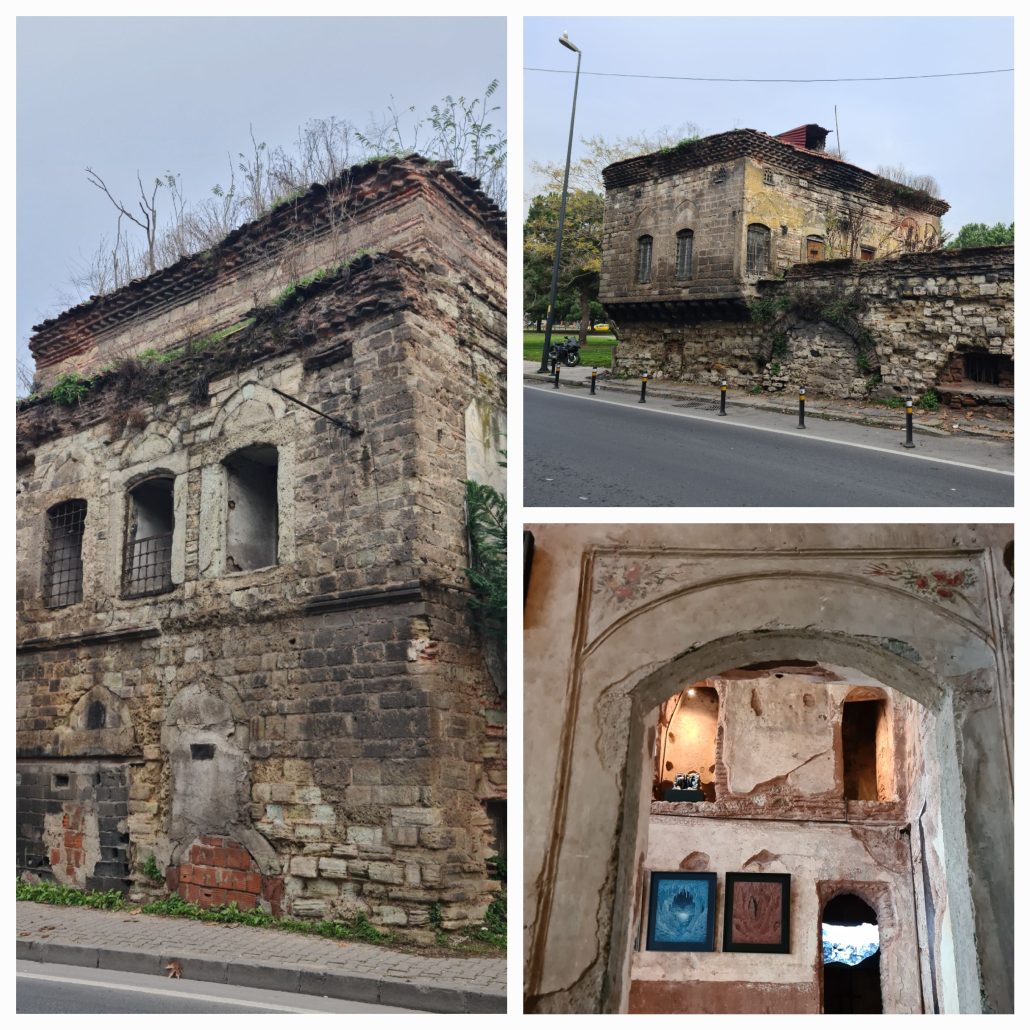 A collage of three photos, two showing some two-story brick buildings in sad repair with grass growing on the roofs. the third shows the renovated inside of another with archways and niches and some art on display