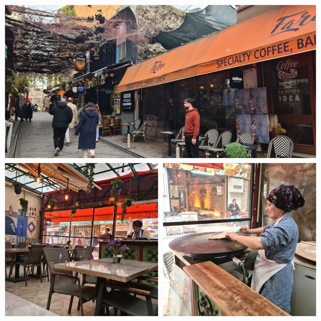 Three photos - orange awning over a cafe boasting of specialty coffee. The interior of a cafe and a woman with a headscarf and apron, sleeves rolled up to her elbows, working some flatbread dough on a slightly convex iron oven top