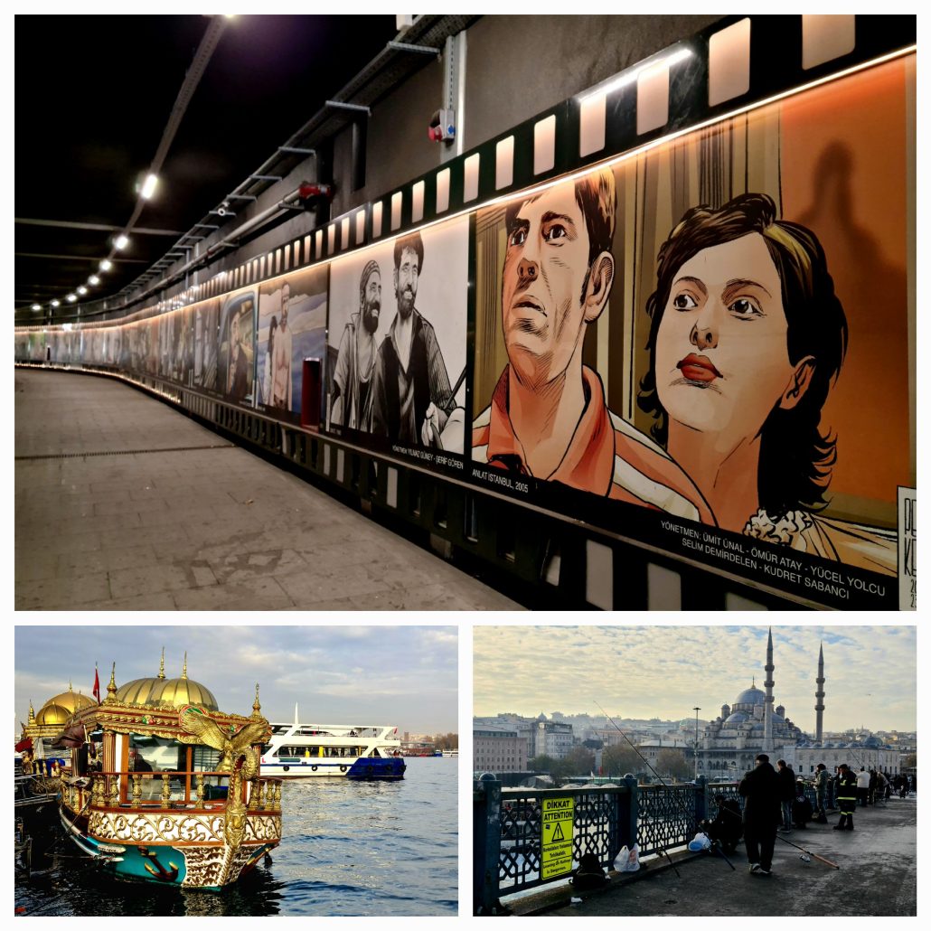 A collage of three photos 1 - a mural in an underpass that looks like a roll of film with each frame painted in cartoon style - we see a man and woman, painted in orange and brown hues, looking at something - the next frame is in black and white and shows to bearded men with hats fishing. The others are out of focus as the underpass progresses 2. A very ornate boat with golden domes and green body with a modern yacht visible to the right 3. men fishing from a bridge with a mosque in the background