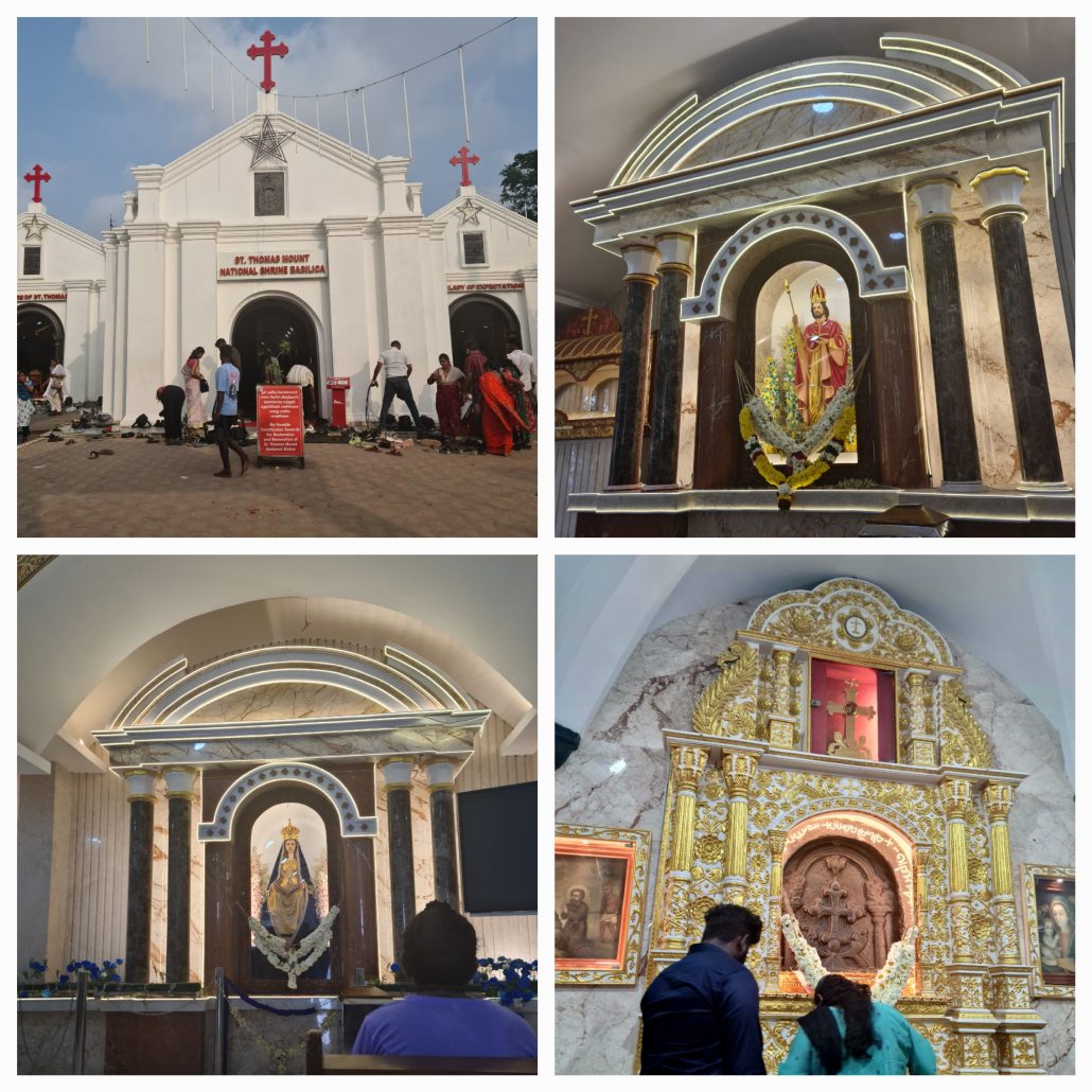 A collage of 4 photos showing 1 the outside of white stone church with a red cross, 2 a statue of st thomas in a niche 3 a statue of Our Lady in a blue robe 4 two pilgrims praying before a piece of a cross