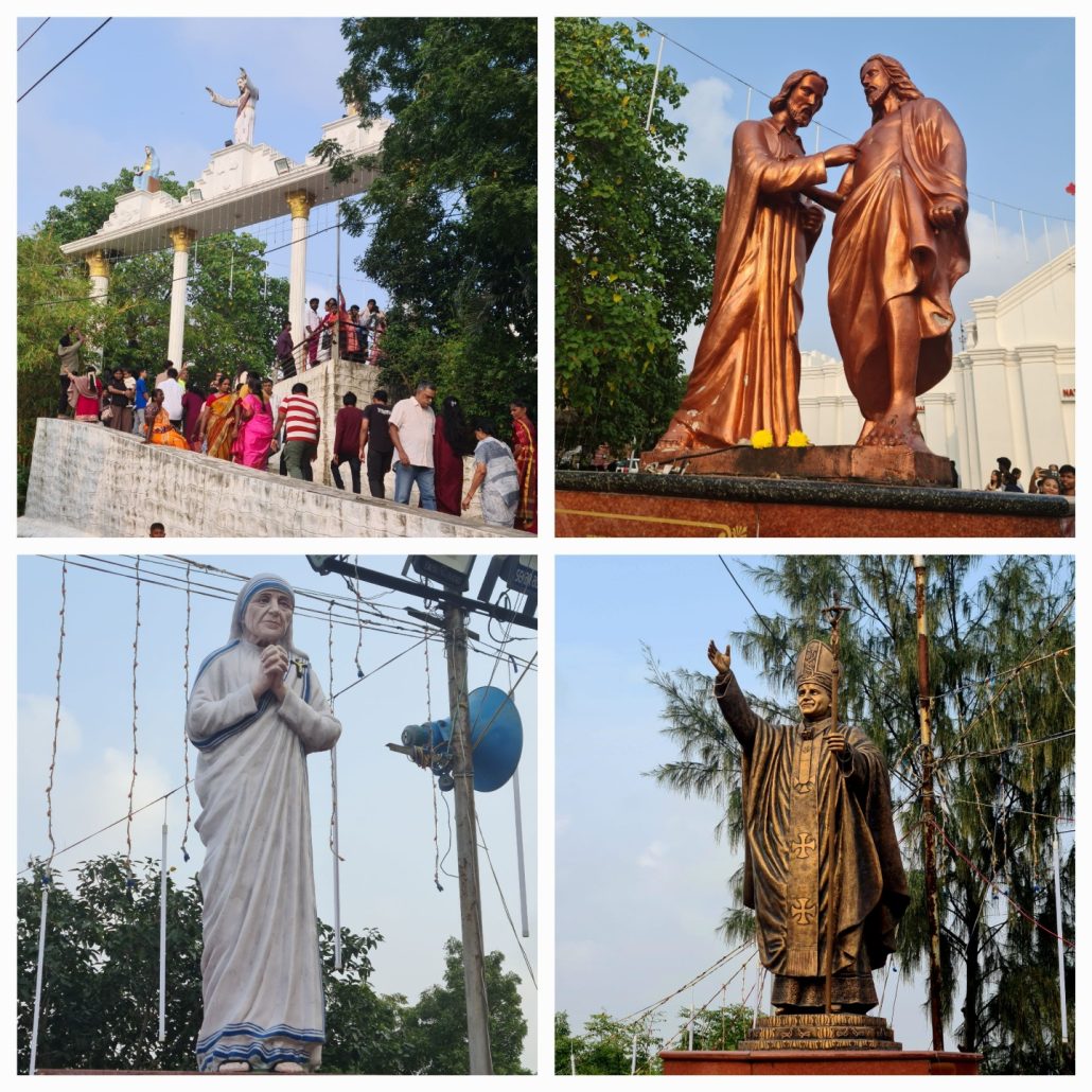 Collage of four photos. 1. pilgrims climb stone steps to pass under a four-pillar column. 2 a state of st thomas as he puts his hand in Jesus to see if his wounds are real 3. a statue of Mother Theresa of Calcutta - an old nun in a white robe with blue trim 4 a bronze statue of Pope John Paul II