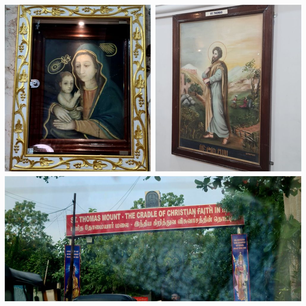 A collage of three photos - 1. the madonna and child 2. a bearded man in a long grey robe 3. a red banner stretching high across a road reading St Thomas Mount - the cradle of christian faith in India