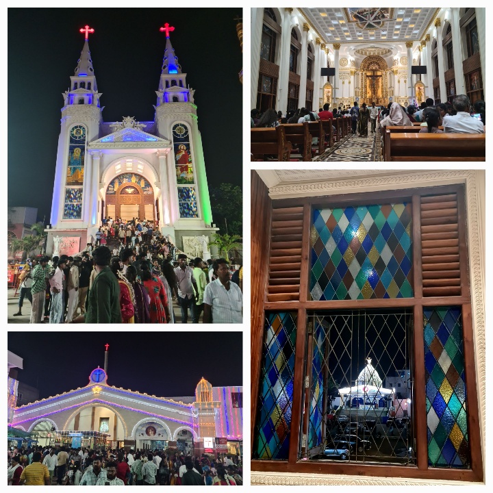 1. crowds of people climb the steps to a white church with stained glass windows on two columns topped with red crosses. 2. The interior of the church 3 a wooden window frame with diamond stained glass insets open and looking out onto a lit shrine 4. Crowds of people milling before the entryway to a white building clothed in lights